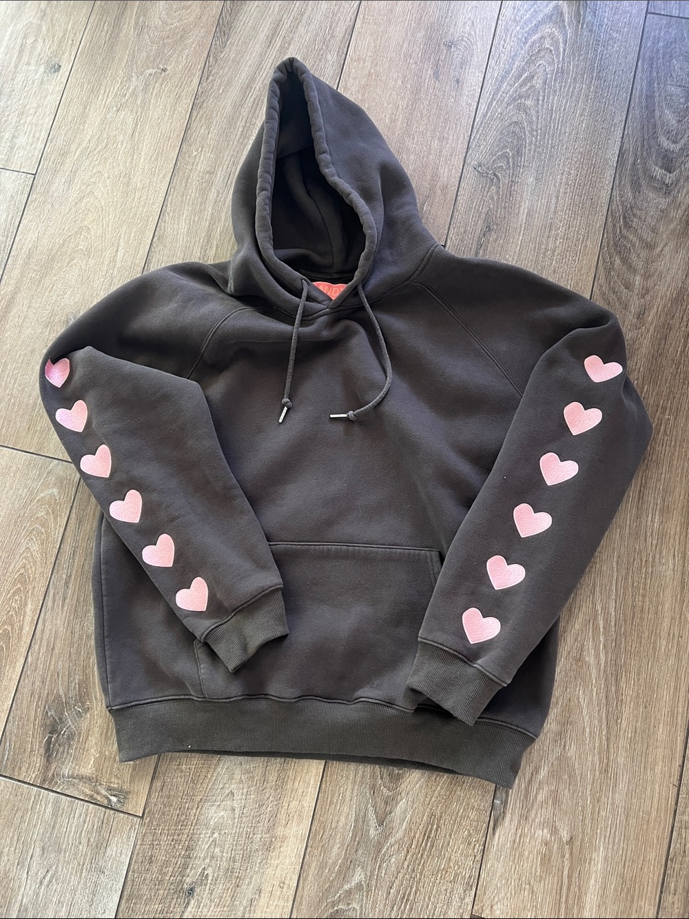 Dandy Worldwide gray Hoodie with Pink Heart Sleeve Detail. Medium